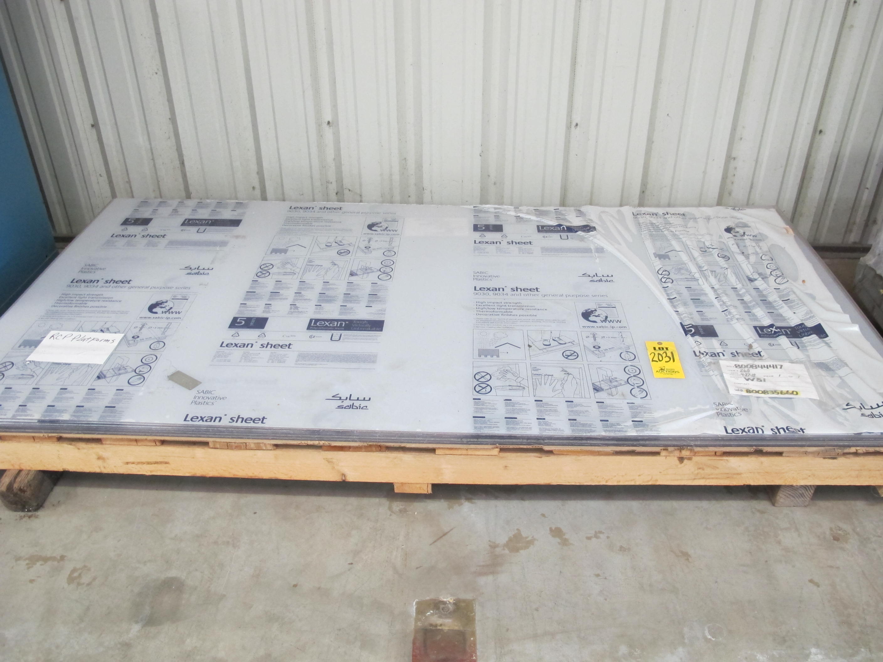 LOT PALLET W/ (6) 8' X 4' X 1/4" LEXAN PLASTIC TYPE MATERIAL SHEETS, OPTICALLY CLEAR, 9034 ULTRA MASKING BOTH SIDES GENERAL PURPOSE. LOW UV RESISTANCE & LOW ABRASION RESISTANCE (W-44) LOADING & HANDLING FEE $15-